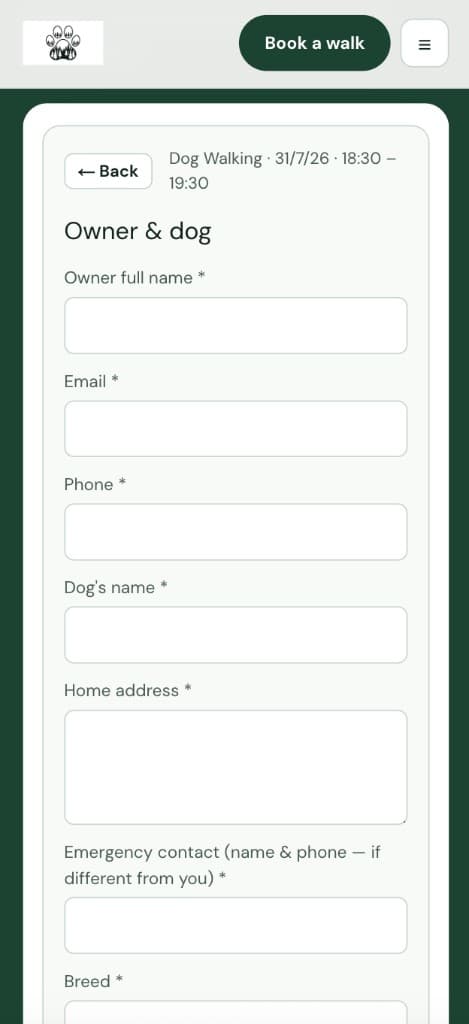Worksop Dog Walking booking form on mobile