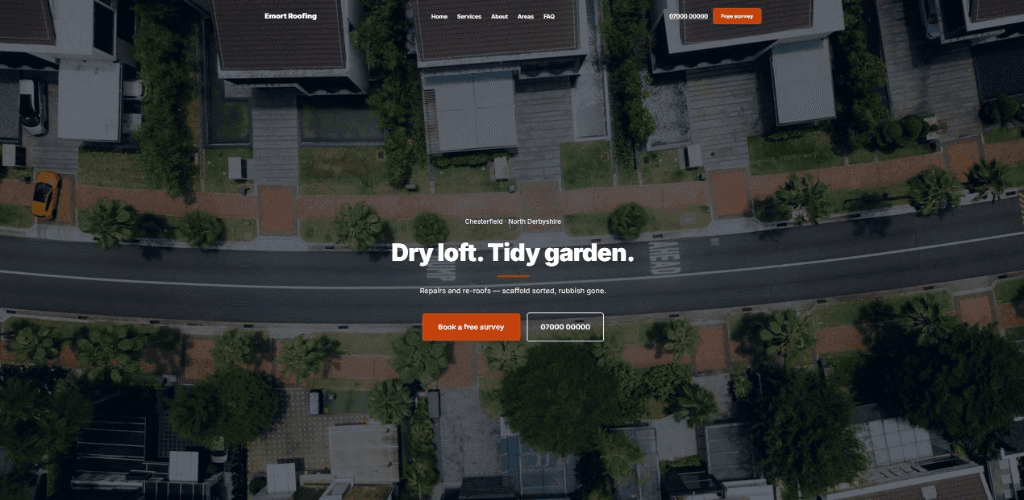 Emort Roofing demo homepage with residential roof aerial
